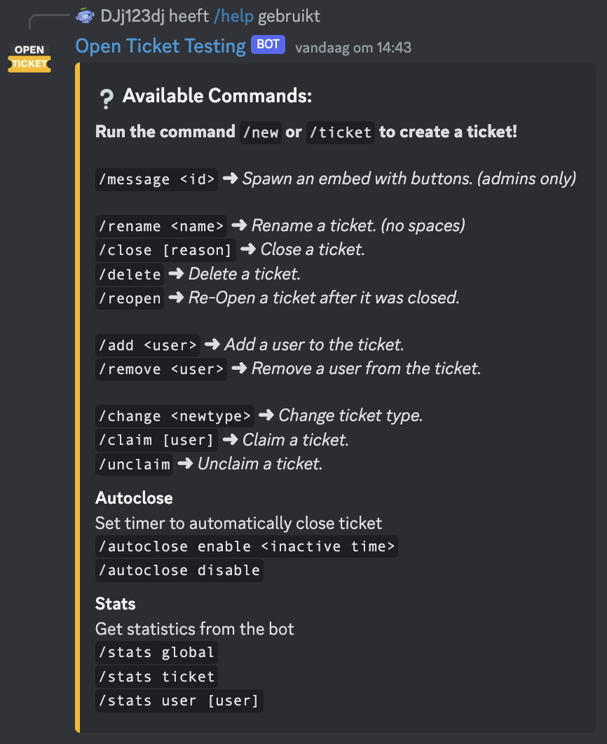 Image of Open Ticket help command