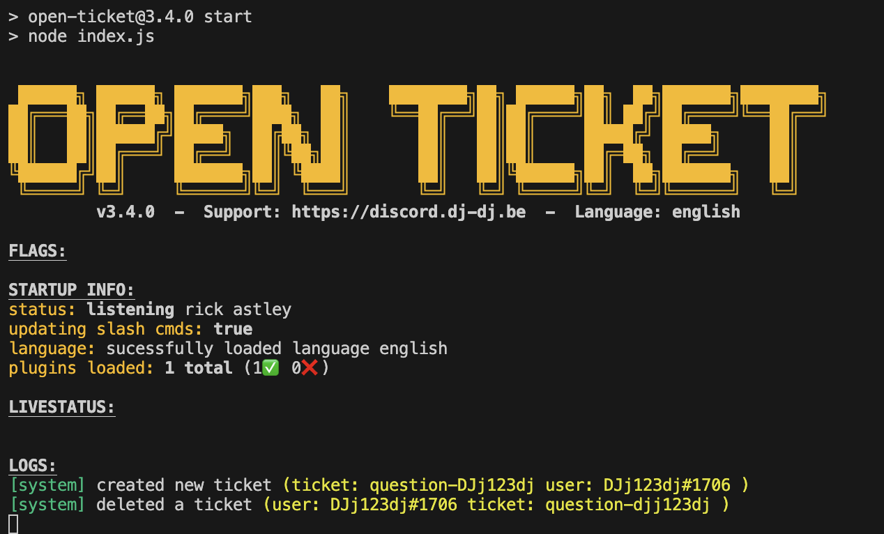 Image of Open Ticket console on success